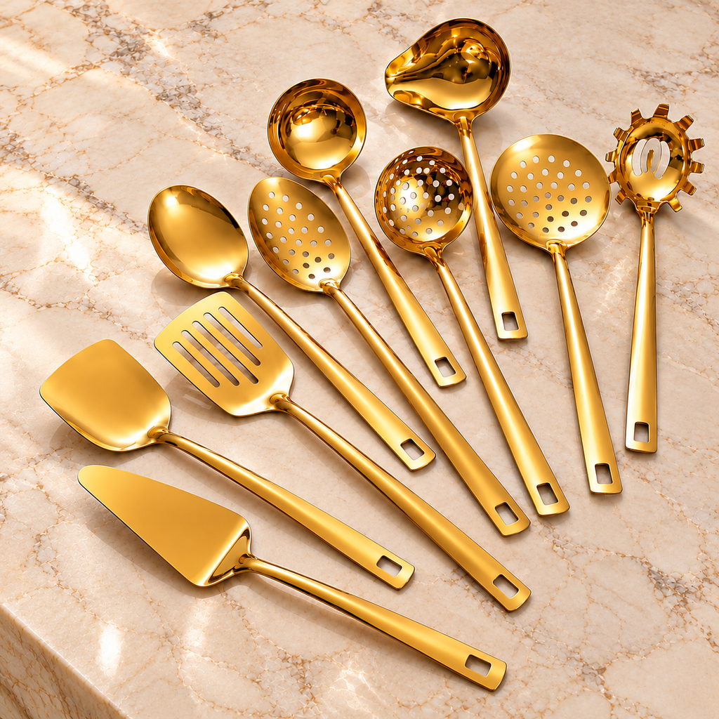 Kit Utensílios de Cozinha 11 Peças Aço Inox Dourado Premium
