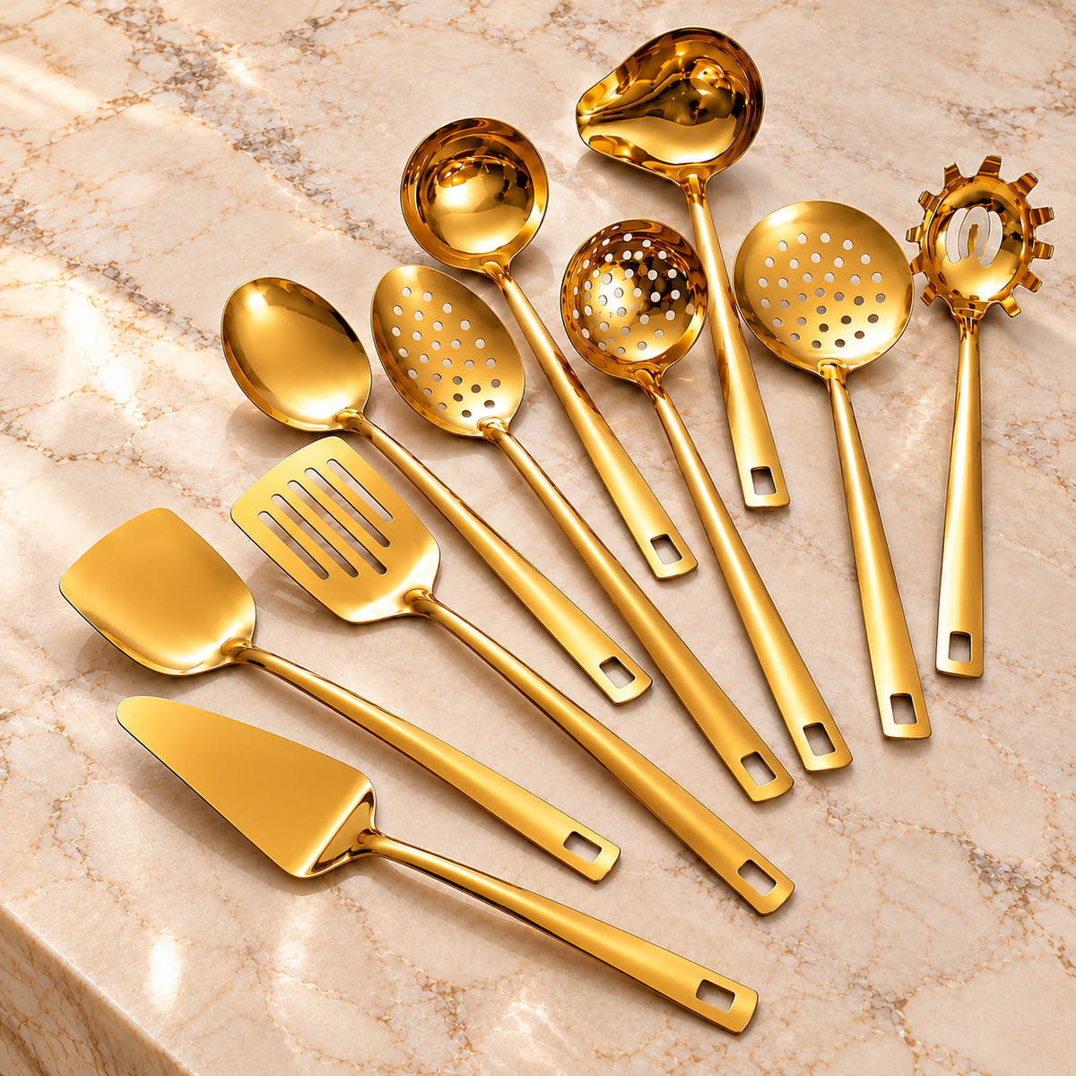Kit Utensílios de Cozinha 11 Peças Aço Inox Dourado Premium