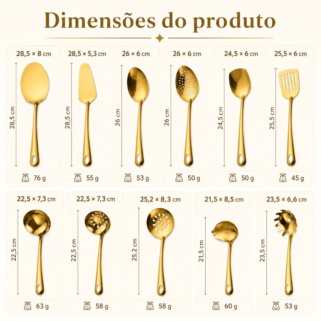 Kit Utensílios de Cozinha 11 Peças Aço Inox Dourado Premium