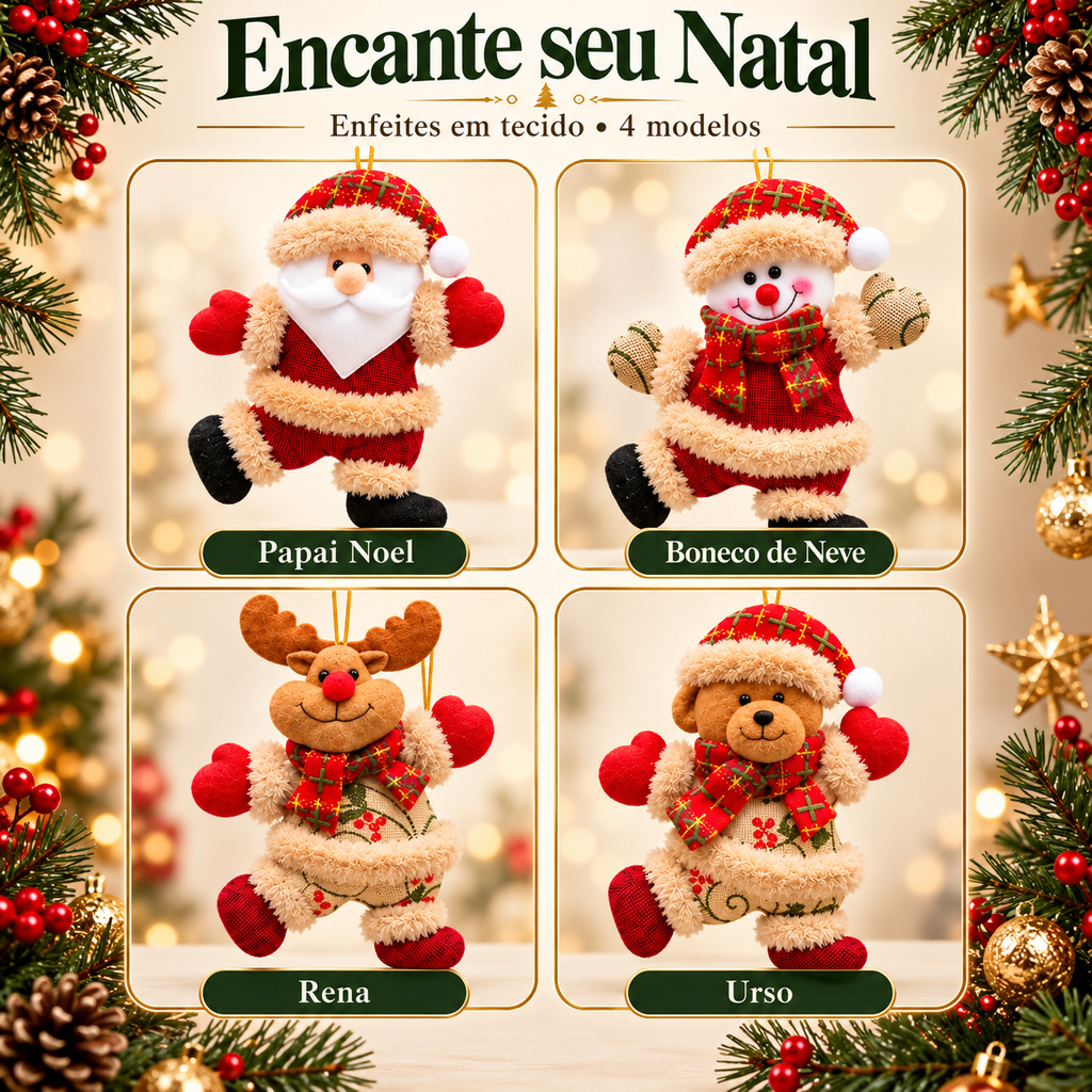 Kit Enfeites de Natal Pendente em Pelúcia