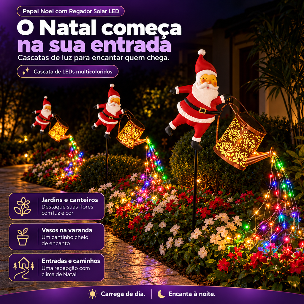 Papai Noel com Regador Solar - iluminação no jardim