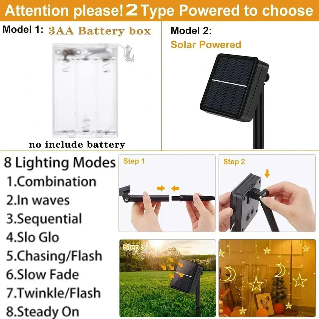 Luzes de Fada Estrela e Lua LED Solar - Encanto Natalino
