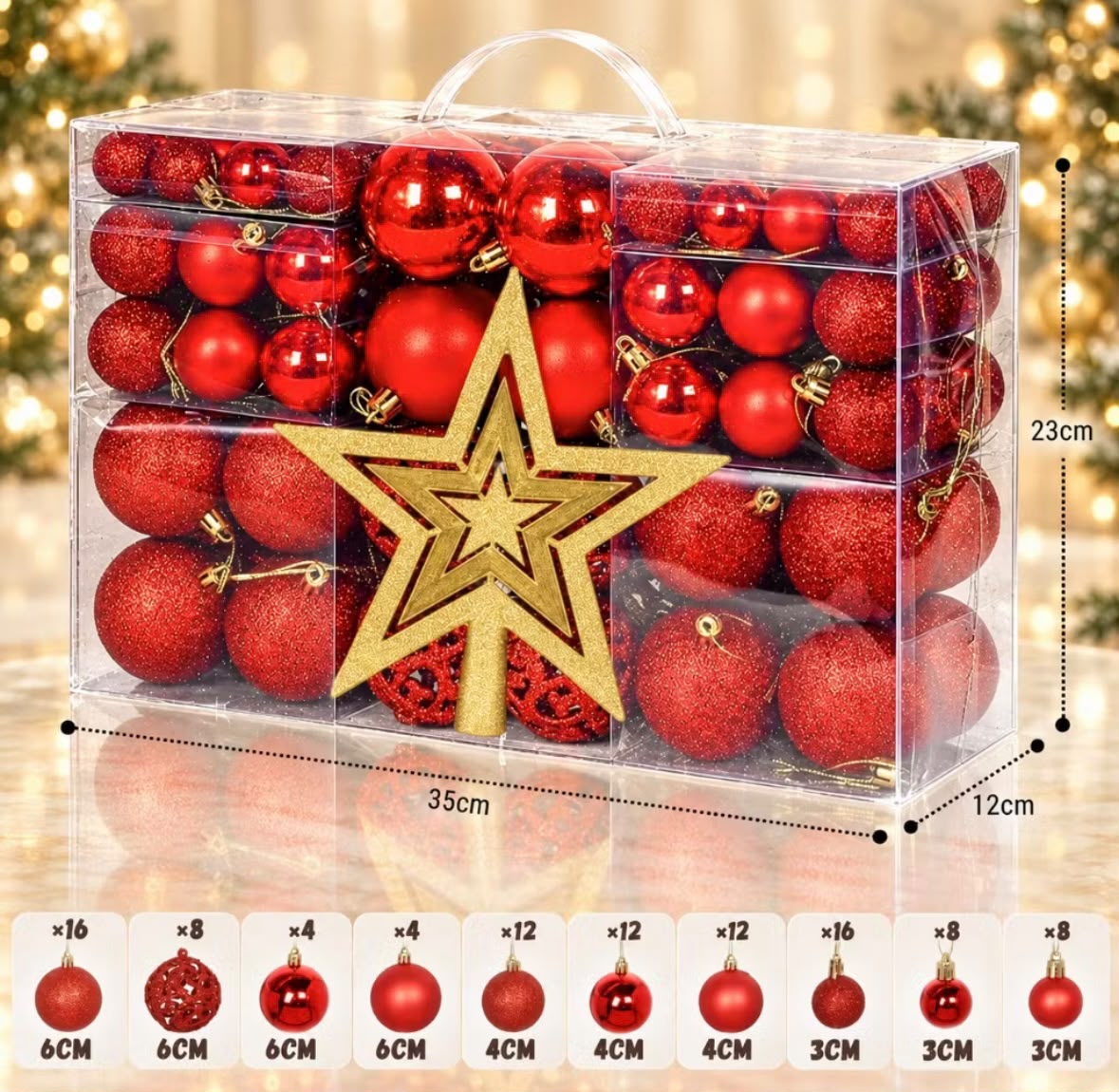Kit 100 Bolas de Natal + Estrela - Vermelho