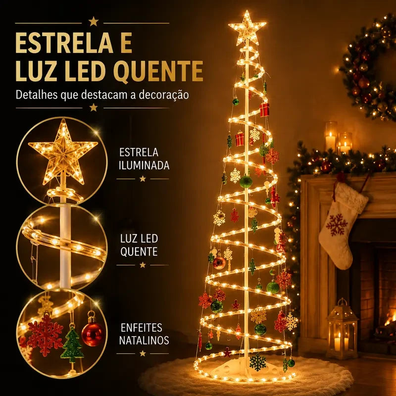 Árvore de Natal espiral LED 1,80M+Papai Noel, bengala pequena, sinos dourados e outras decorações suspensas