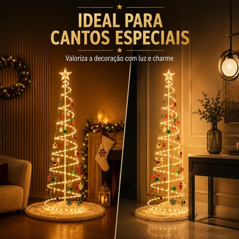 Árvore de Natal espiral LED 1,80M+Papai Noel, bengala pequena, sinos dourados e outras decorações suspensas