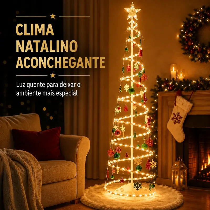 Árvore de Natal espiral LED 1,80M+Papai Noel, bengala pequena, sinos dourados e outras decorações suspensas