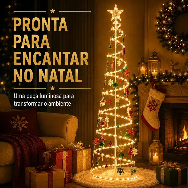 Árvore de Natal espiral LED 1,80M+Papai Noel, bengala pequena, sinos dourados e outras decorações suspensas
