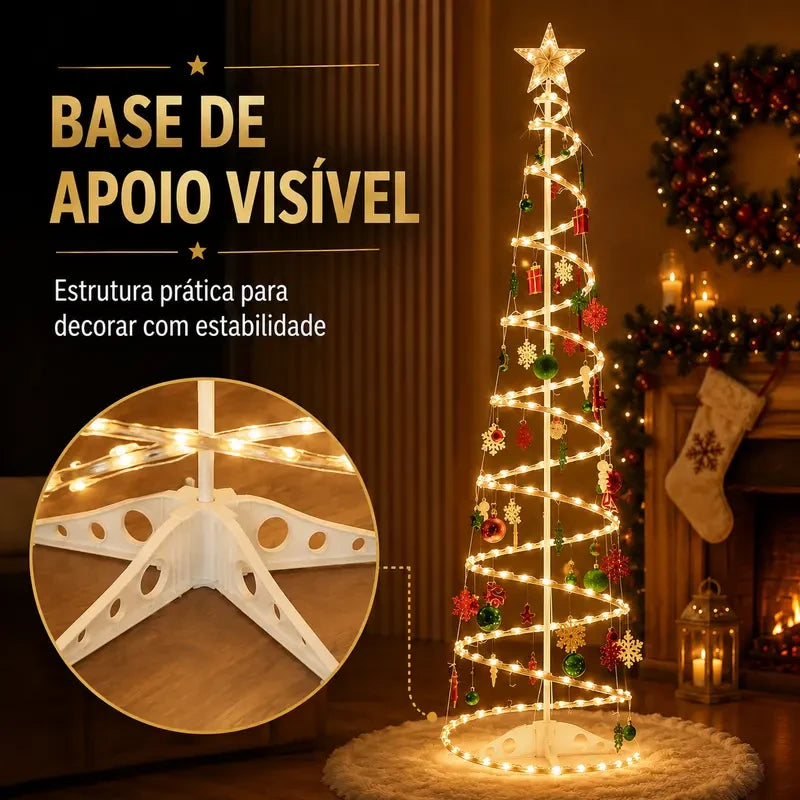 Árvore de Natal espiral LED 1,80M+Papai Noel, bengala pequena, sinos dourados e outras decorações suspensas