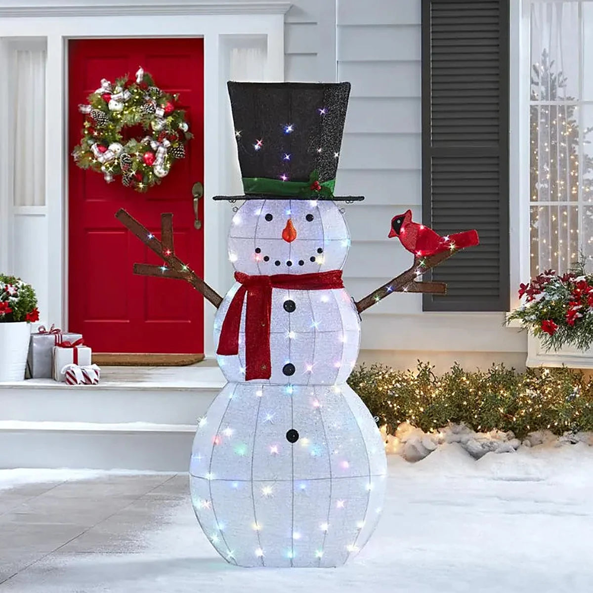 Boneco de Neve Cintilante Iluminado 1,83 m com Passarinho – 100 LEDs Coloridos