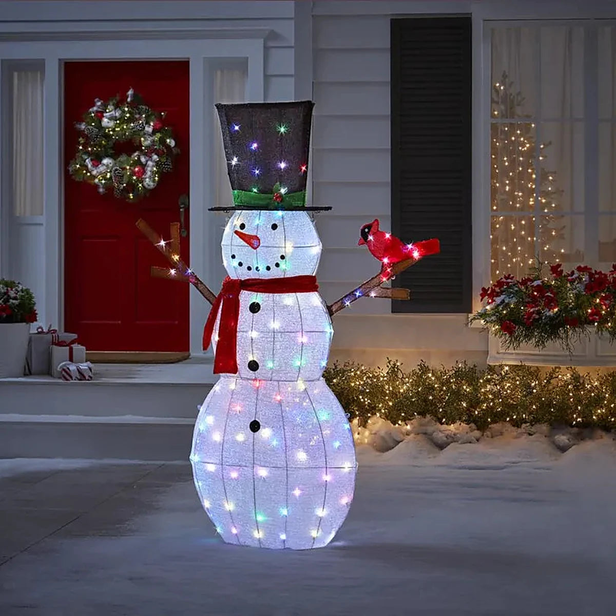 Boneco de Neve Cintilante Iluminado 1,83 m com Passarinho – 100 LEDs Coloridos