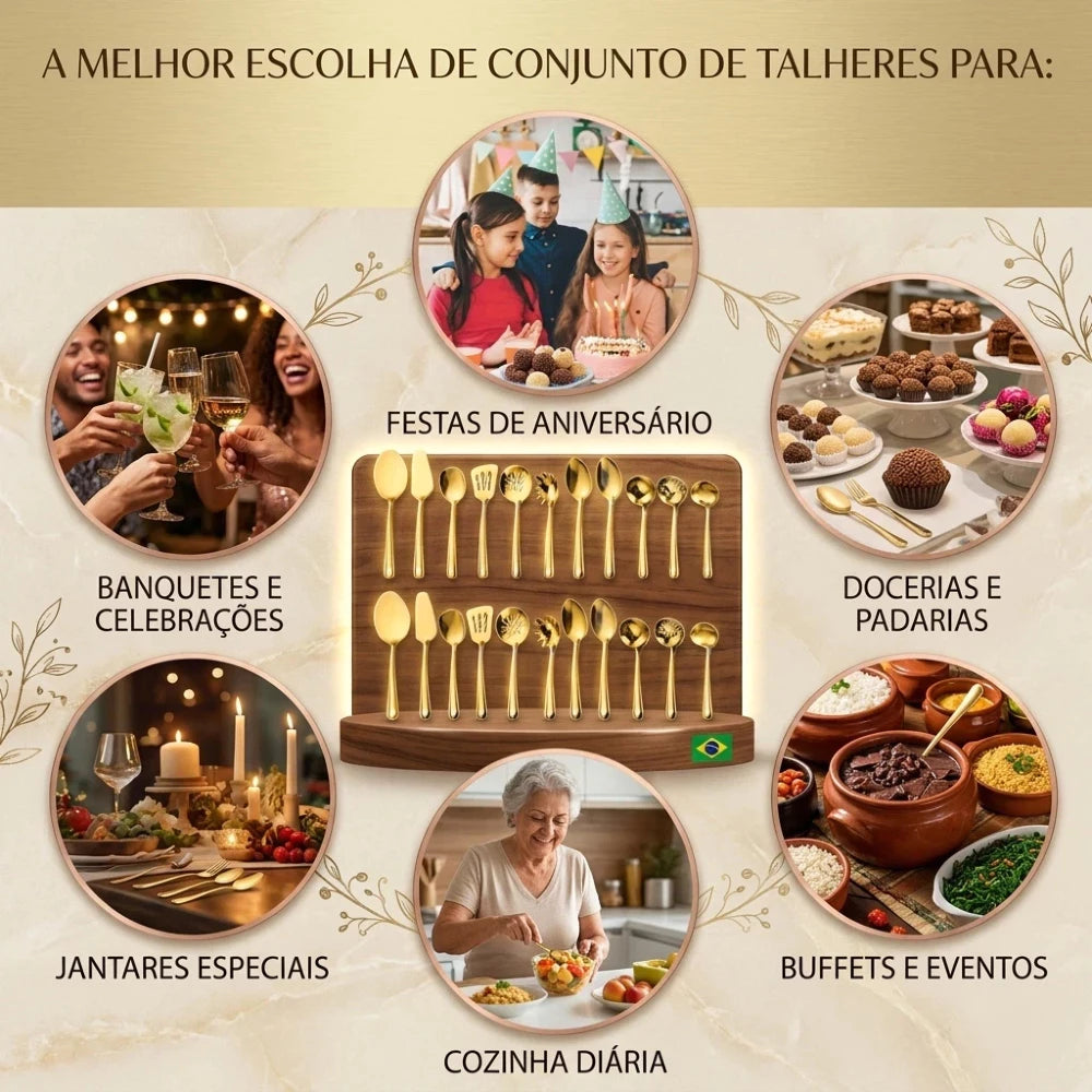 Kit Utensílios de Cozinha 11 Peças Aço Inox Dourado Premium