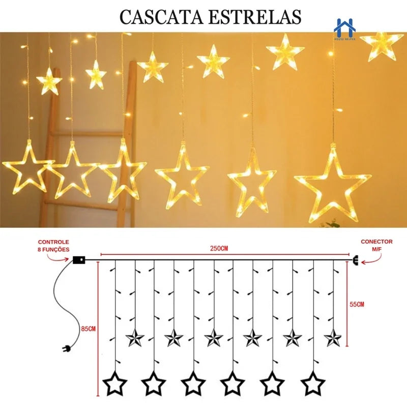 Cascata de Estrelas 138 LEDs 2,5m Bivolt - 8 Funções