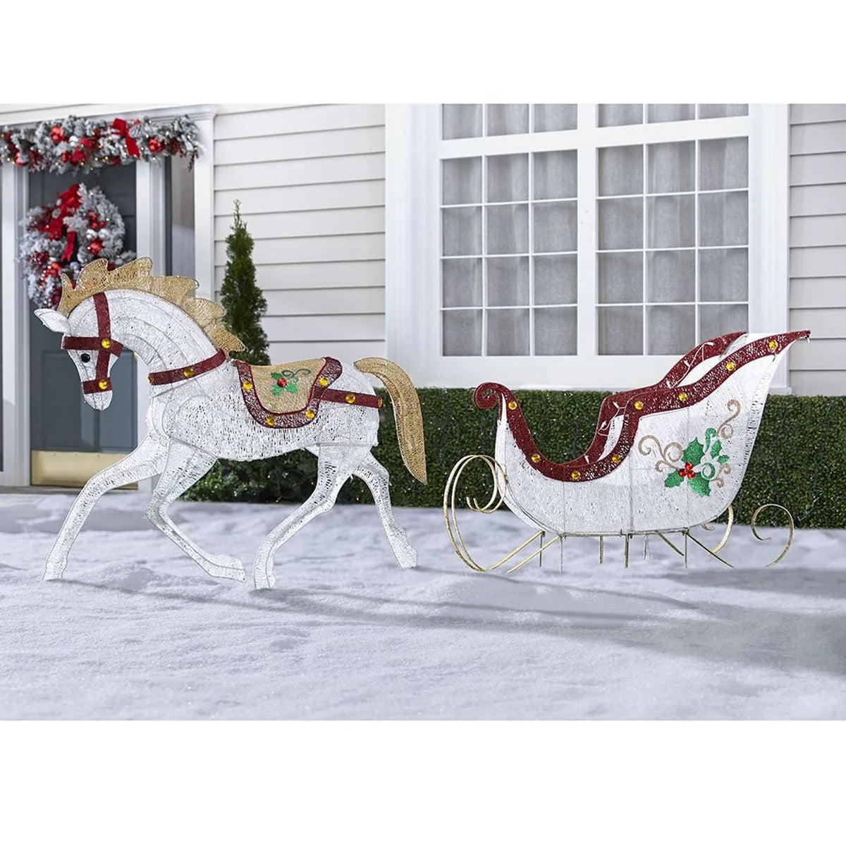 Cavalo e Trenó Iluminados para Jardim – 280 LEDs Branco Frio