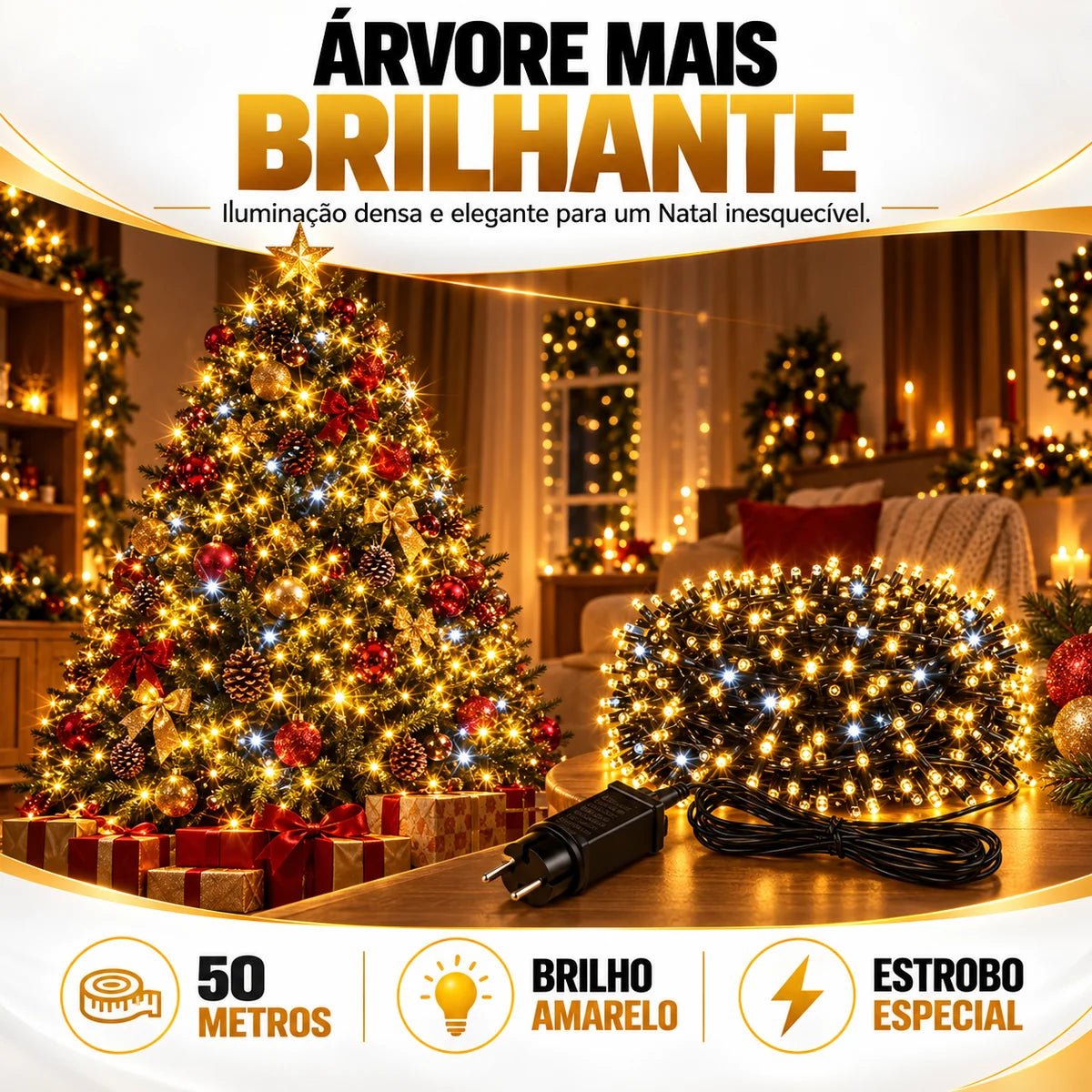 Cordão LED 1600 LEDs 50m com Strobo - Luz Quente Prova d'Água