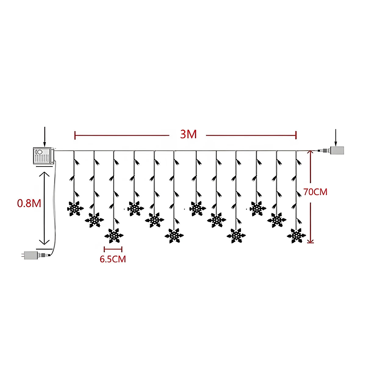 Cortina de LED Flocos de Neve – 3 m, Amarela, Branca, Colorida ou Azul