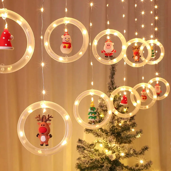 Cortina de Luzes LED com Figuras Natalinas – Argolas, Árvores, Corações e Estrelas