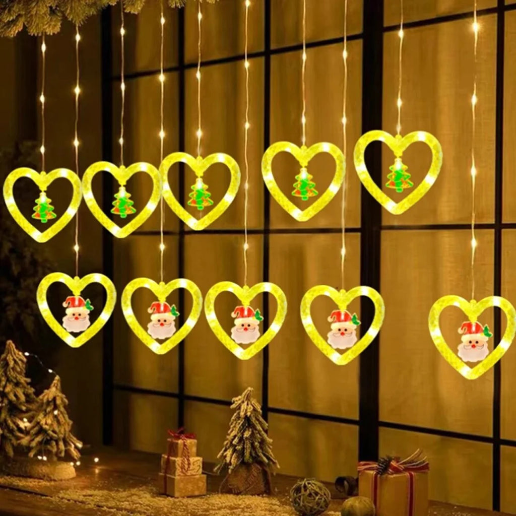 Cortina de Luzes LED com Figuras Natalinas – Argolas, Árvores, Corações e Estrelas