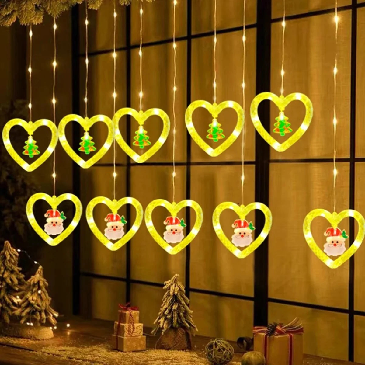 Cortina de Luzes LED com Figuras Natalinas – Argolas, Árvores, Corações e Estrelas