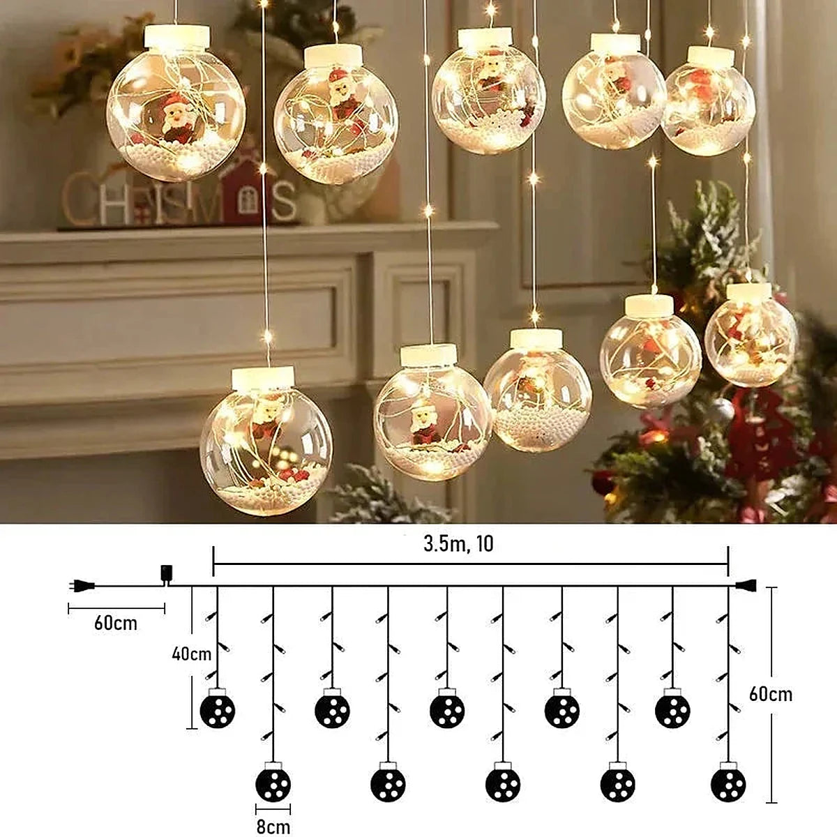 Cortina de Luzes LED com Globos Natalinos – Papai Noel, Árvore ou Boneco de Neve