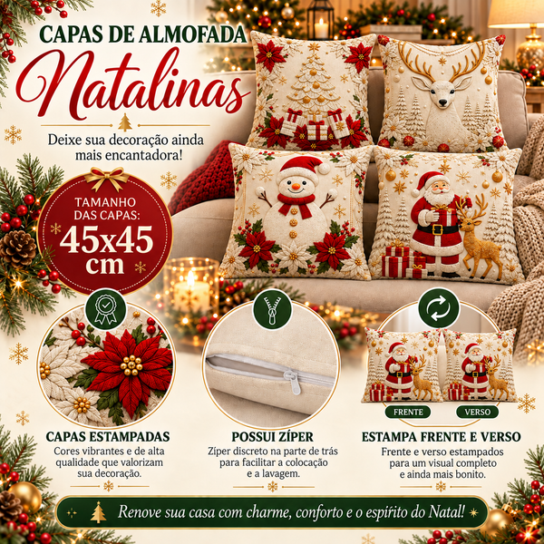 Kit Capas de Almofada Papai Noel Natalino 45x45cm