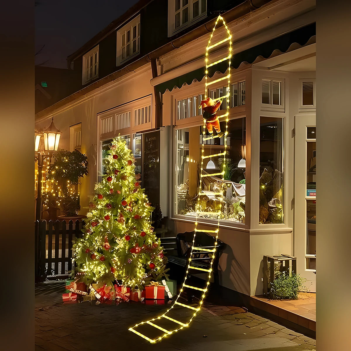 Escada de Luz LED Colorida com Papai Noel Escalando – 3 m com Controle