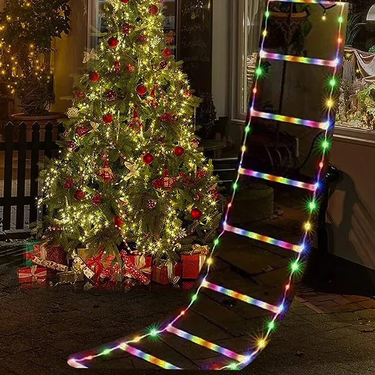 Escada de Luz LED Colorida com Papai Noel Escalando – 3 m com Controle