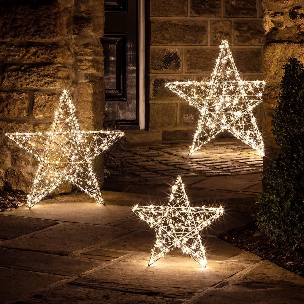 Estrela 3D Iluminada 35 cm – 200 Micro LEDs Branco Quente, 8 Funções