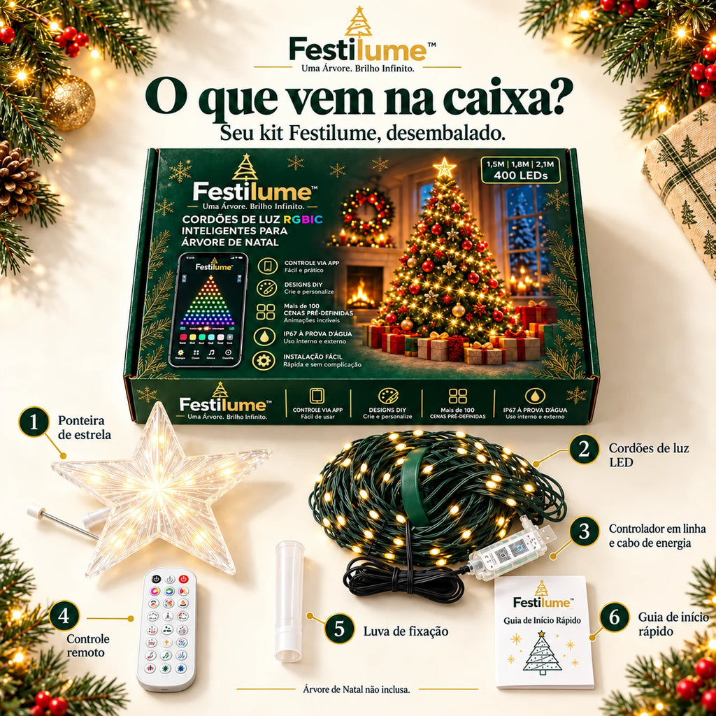 Luzes Inteligentes para Árvore de Natal RGBIC até 1.400 LEDs - Controle por App, IP67