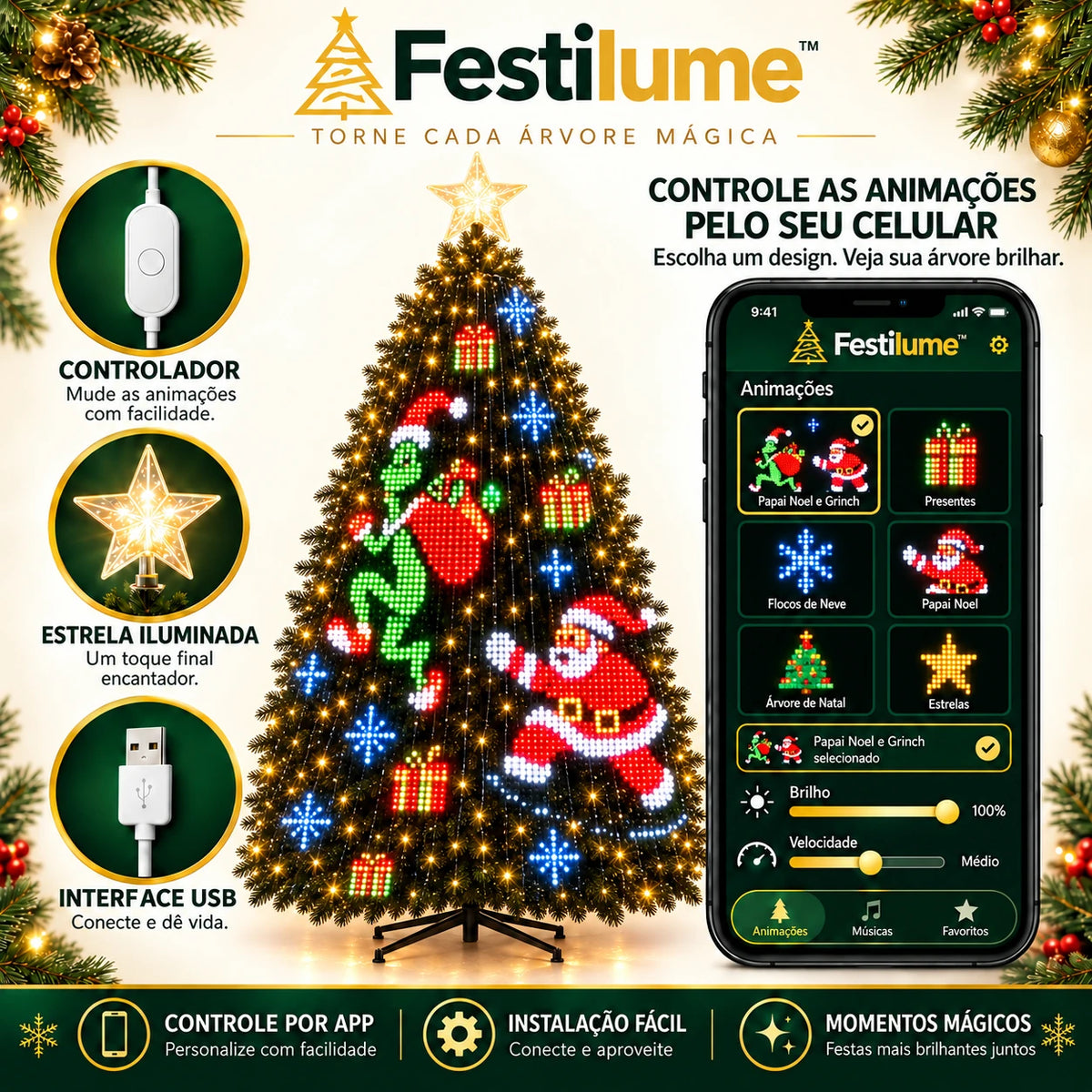 Luzes Inteligentes para Árvore de Natal RGBIC até 1.400 LEDs - Controle por App, IP67