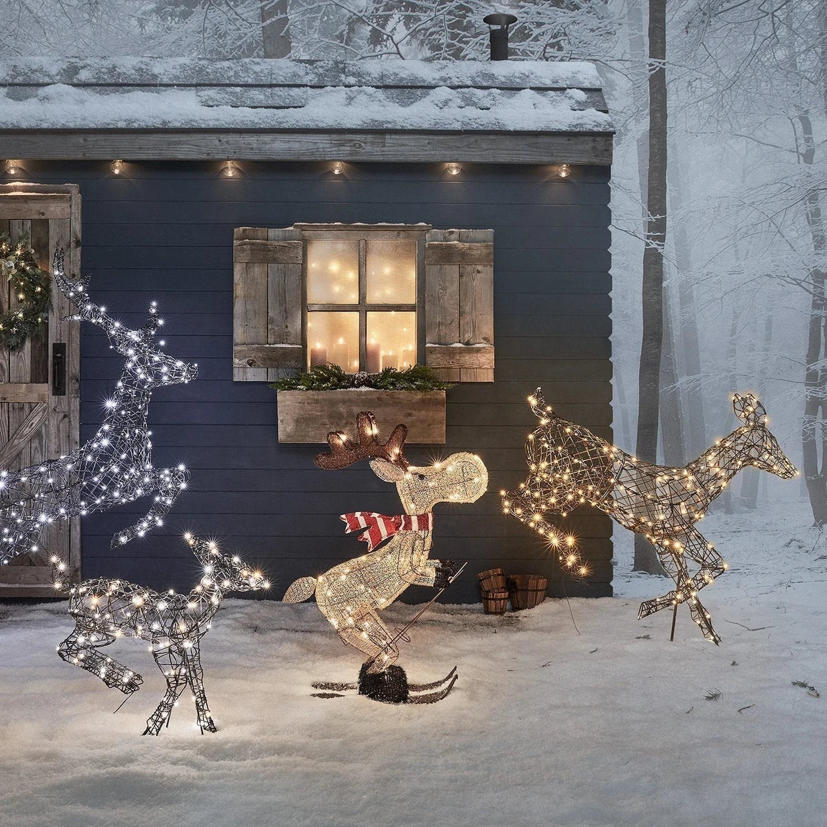 Figura de Natal Alce Esquiador Iluminado 86 cm – 50 LEDs Branco Quente