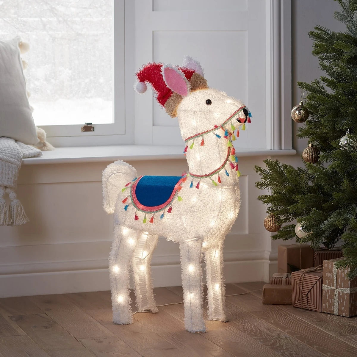 Figura de Natal Alpaca Iluminada 78 cm com Gorro de Papai Noel
