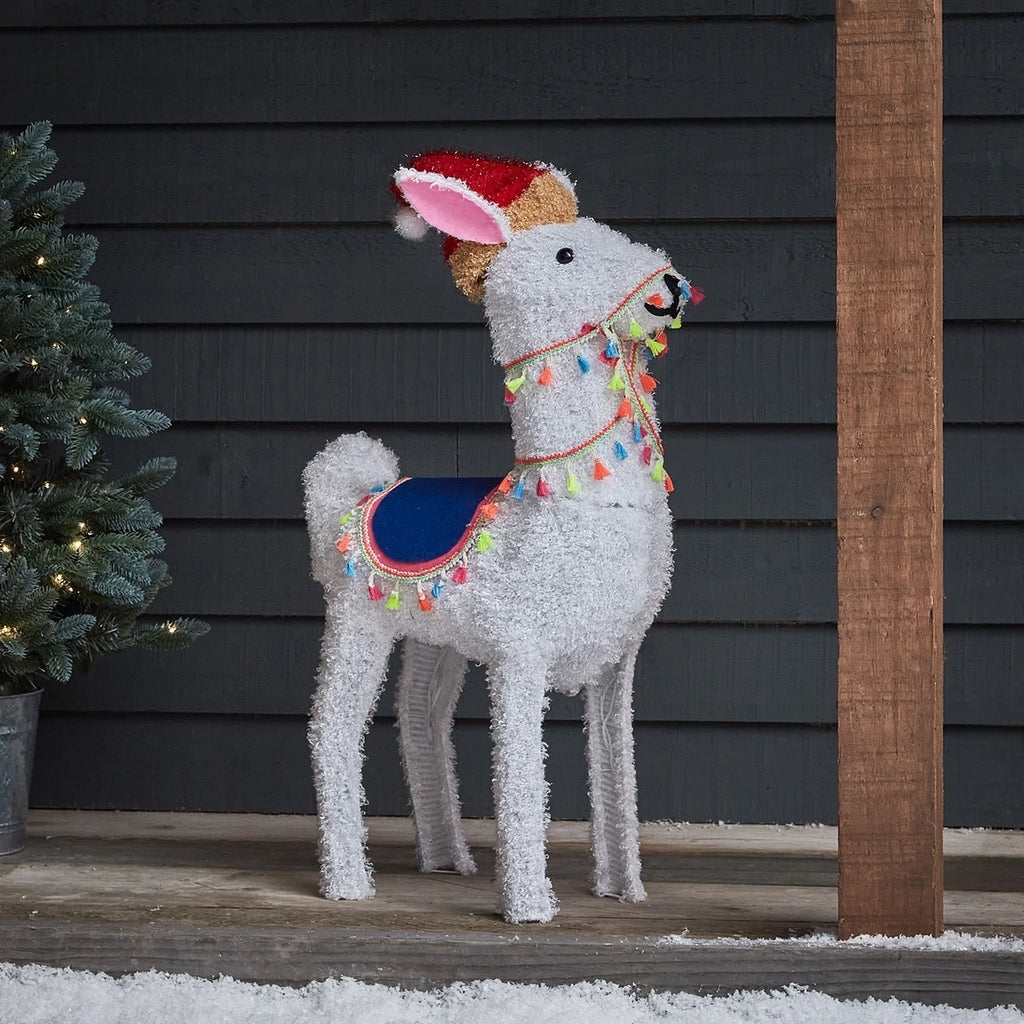 Figura de Natal Alpaca Iluminada 78 cm com Gorro de Papai Noel