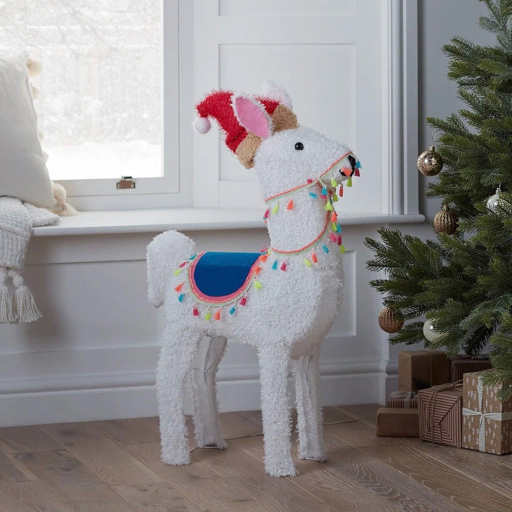 Figura de Natal Alpaca Iluminada 78 cm com Gorro de Papai Noel