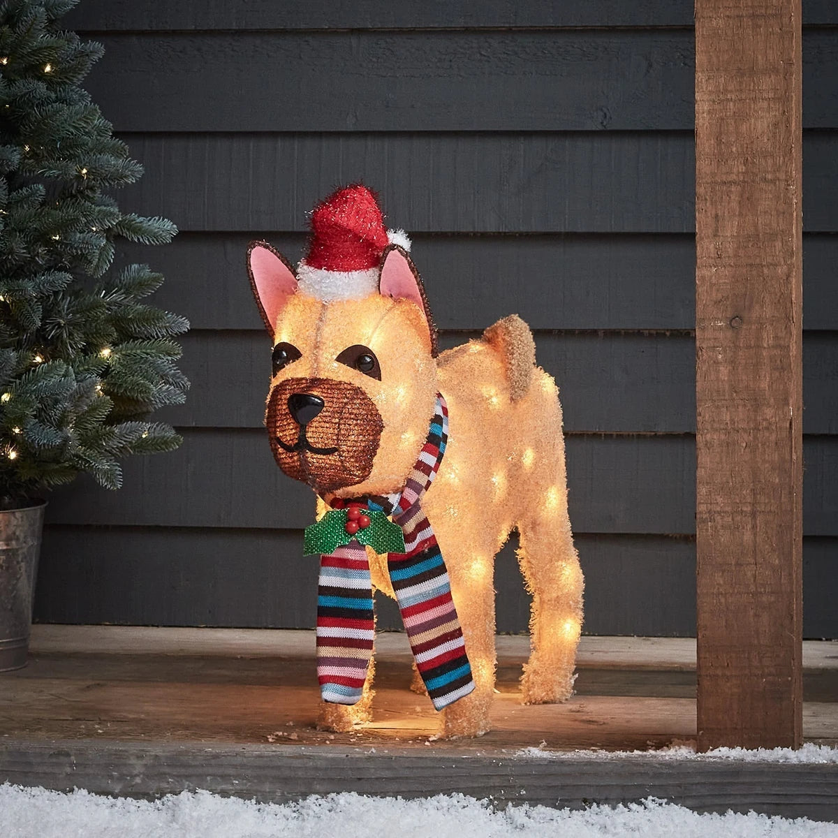 Figura de Natal Bulldog Francês Iluminado 55 cm com Gorro e Cachecol
