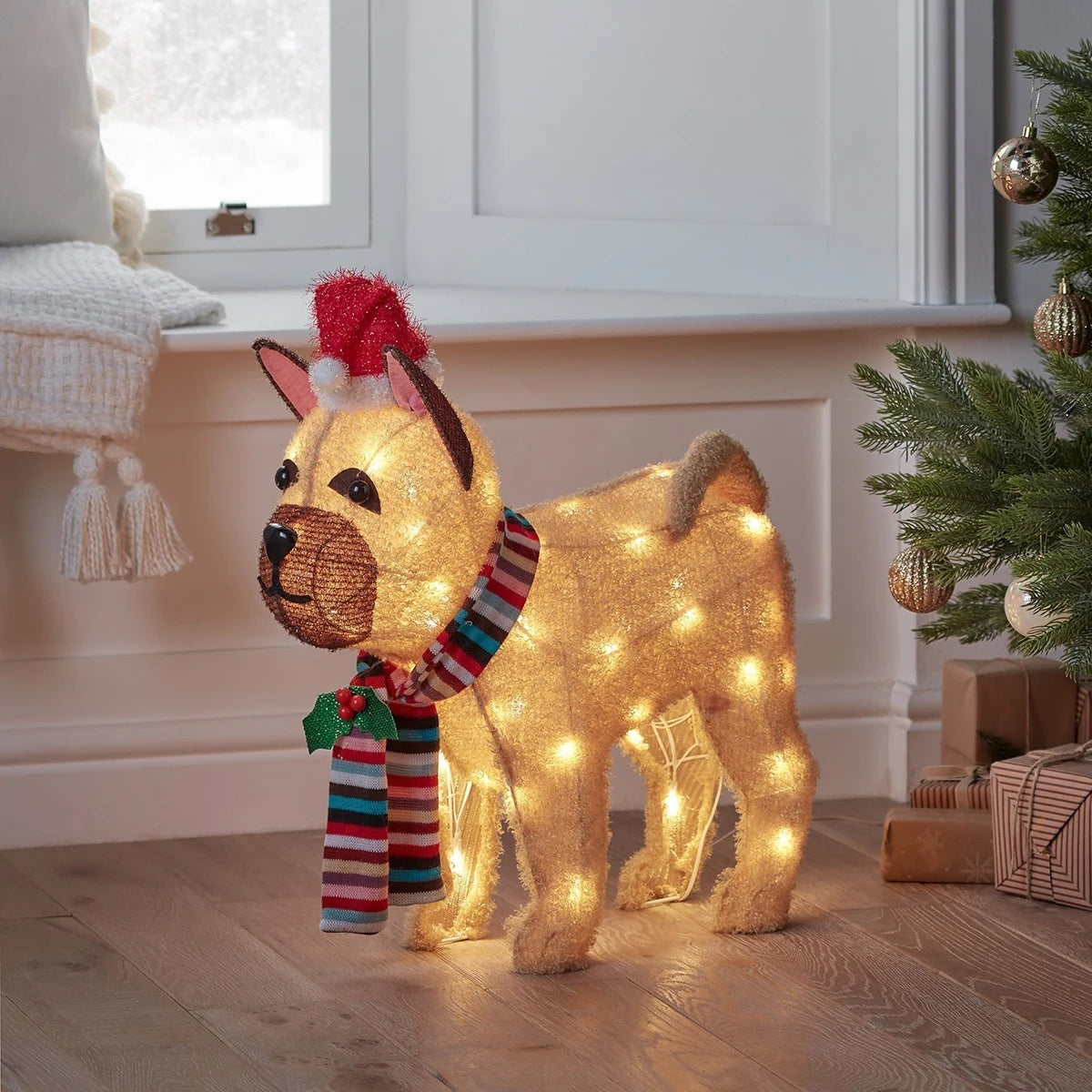 Figura de Natal Bulldog Francês Iluminado 55 cm com Gorro e Cachecol
