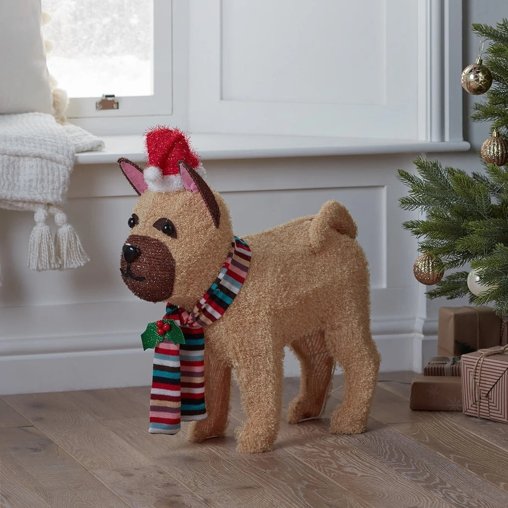 Figura de Natal Bulldog Francês Iluminado 55 cm com Gorro e Cachecol