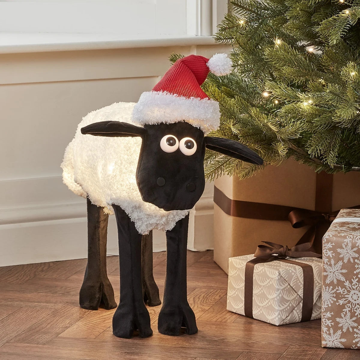 Figura de Natal Ovelha Iluminada 50 cm com Gorro de Papai Noel