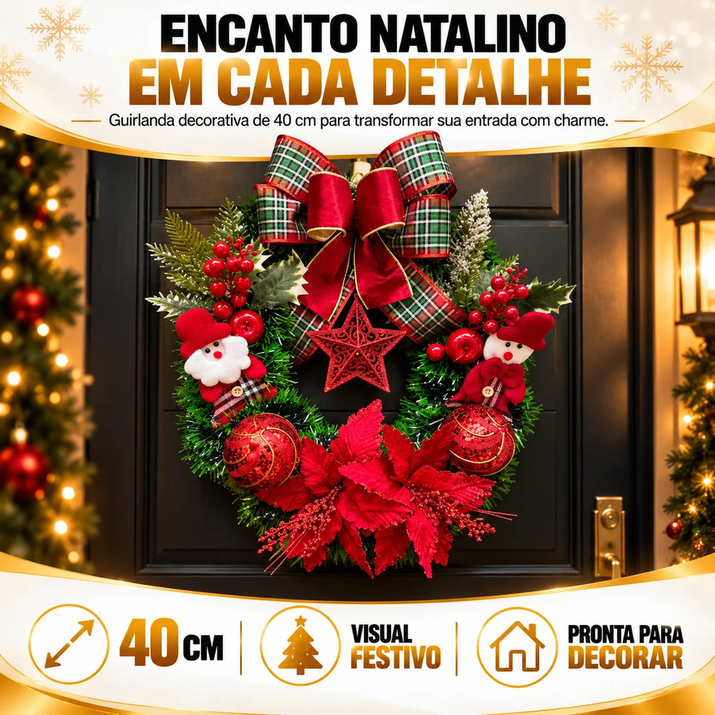 Guirlanda de Natal Papai Noel 40cm - Laço Xadrez e Estrela