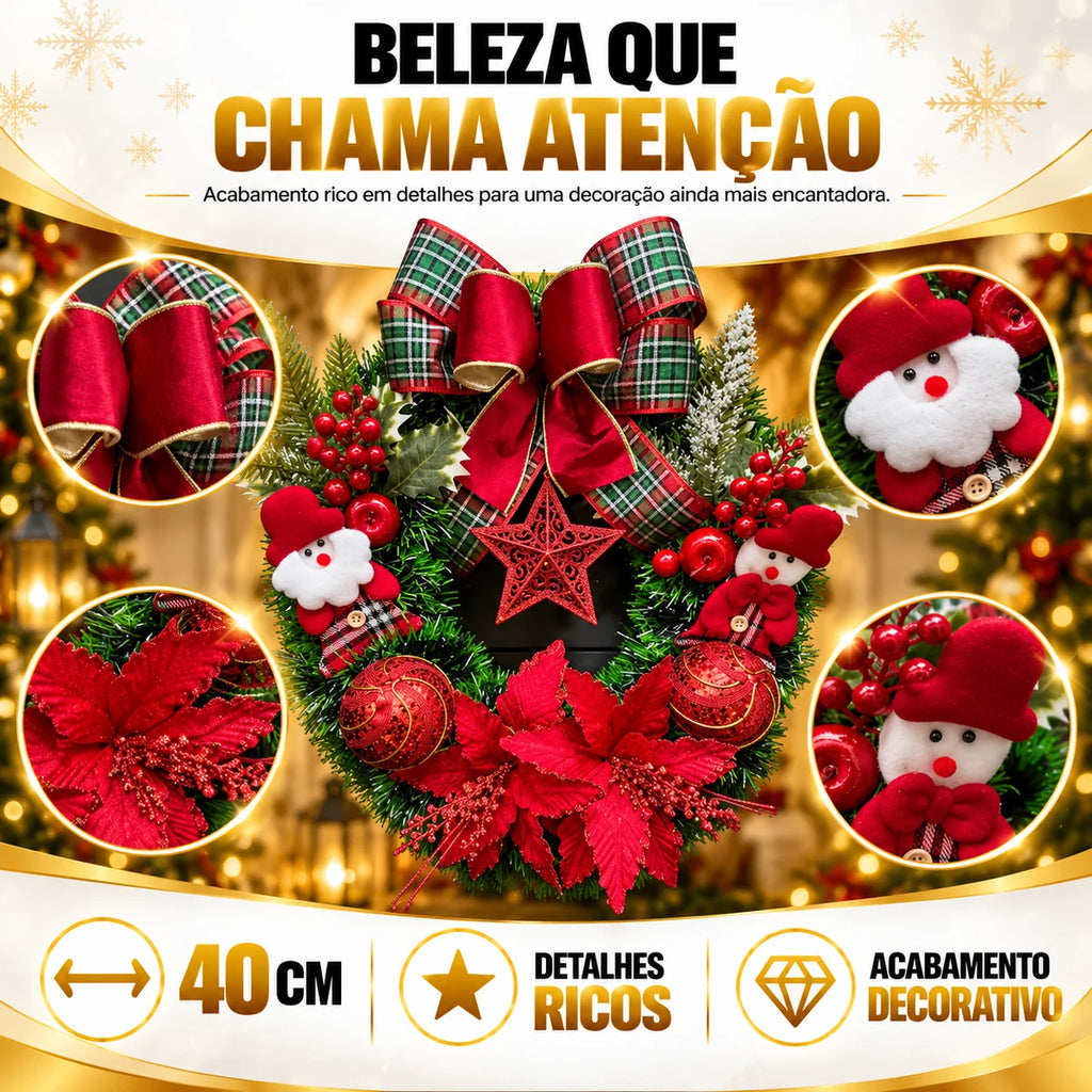 Guirlanda de Natal Papai Noel 40cm - Laço Xadrez e Estrela