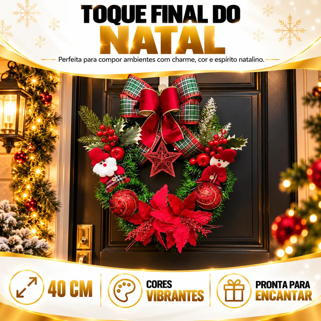 Guirlanda de Natal Papai Noel 40cm - Laço Xadrez e Estrela