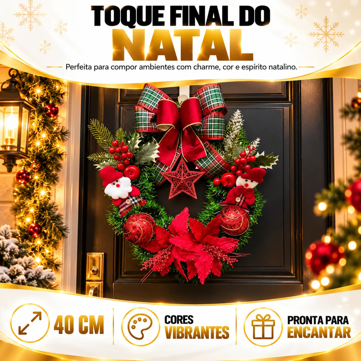 Guirlanda de Natal Papai Noel 40cm - Laço Xadrez e Estrela