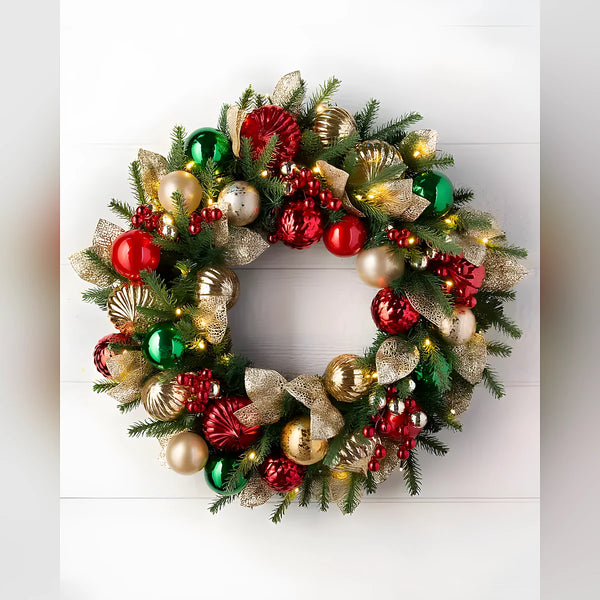 Guirlanda de Natal 90 cm com LED, Bolas Decorativas e Folhas Douradas
