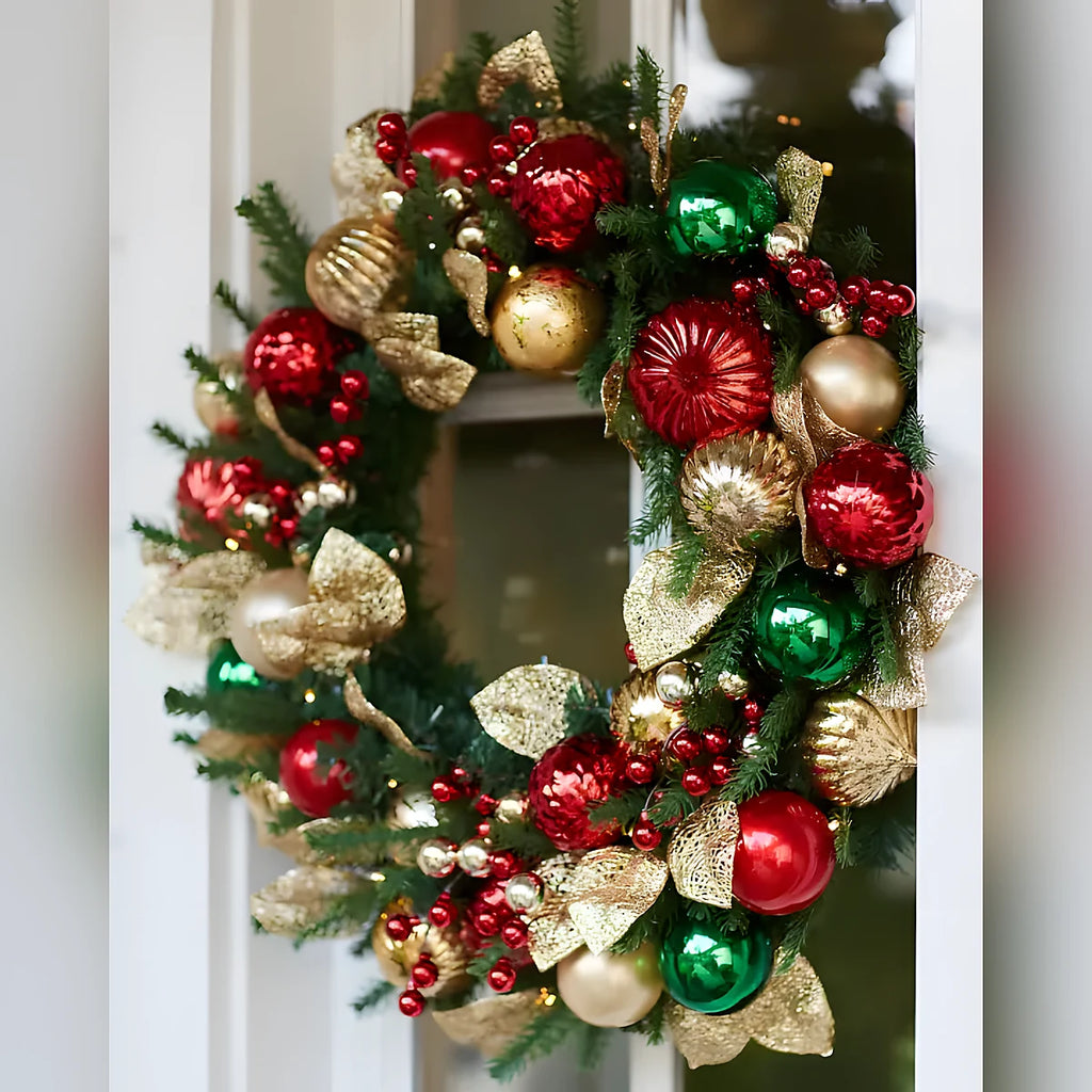 Guirlanda de Natal 90 cm com LED, Bolas Decorativas e Folhas Douradas