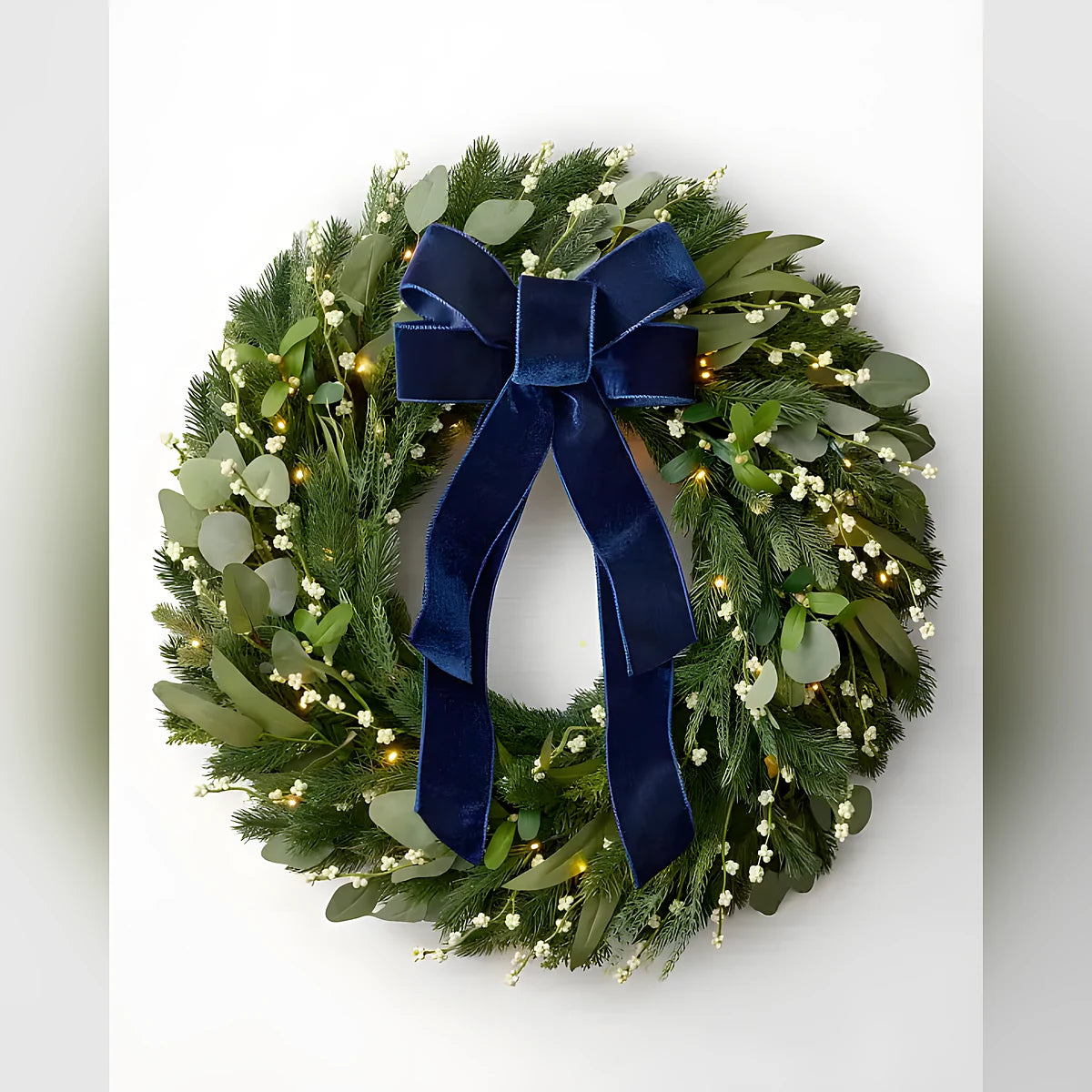 Guirlanda de Natal 90 cm com LED, Laço Azul e Folhagens Verdes