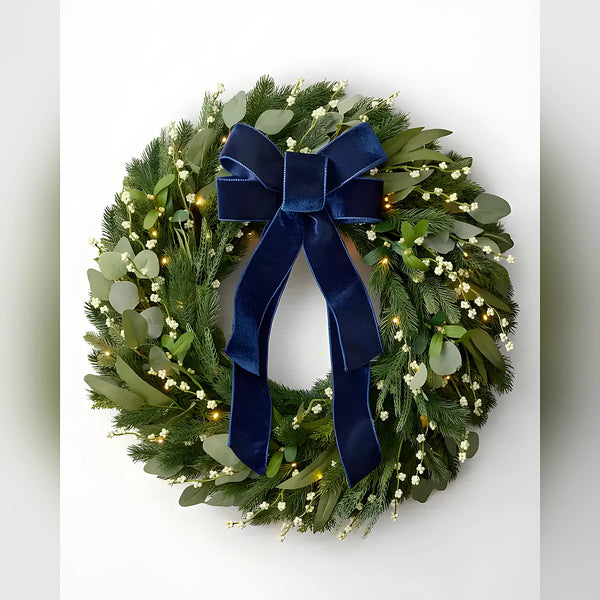 Guirlanda de Natal 90 cm com LED, Laço Azul e Folhagens Verdes