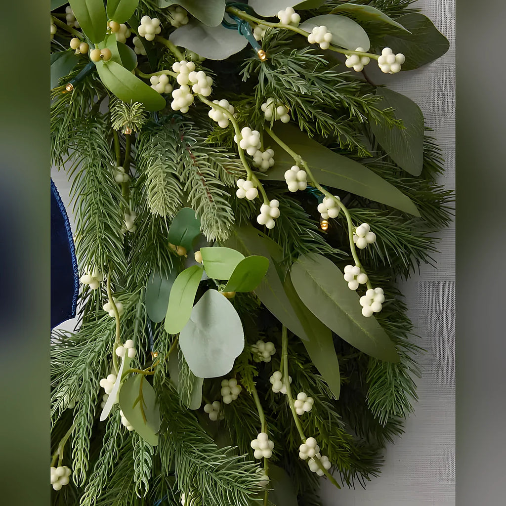 Guirlanda de Natal 90 cm com LED, Laço Azul e Folhagens Verdes