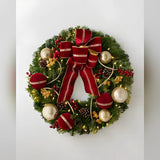 Guirlanda de Natal 90 cm com LED, Laço Vermelho, Bolas Douradas e Frutas Vermelhas