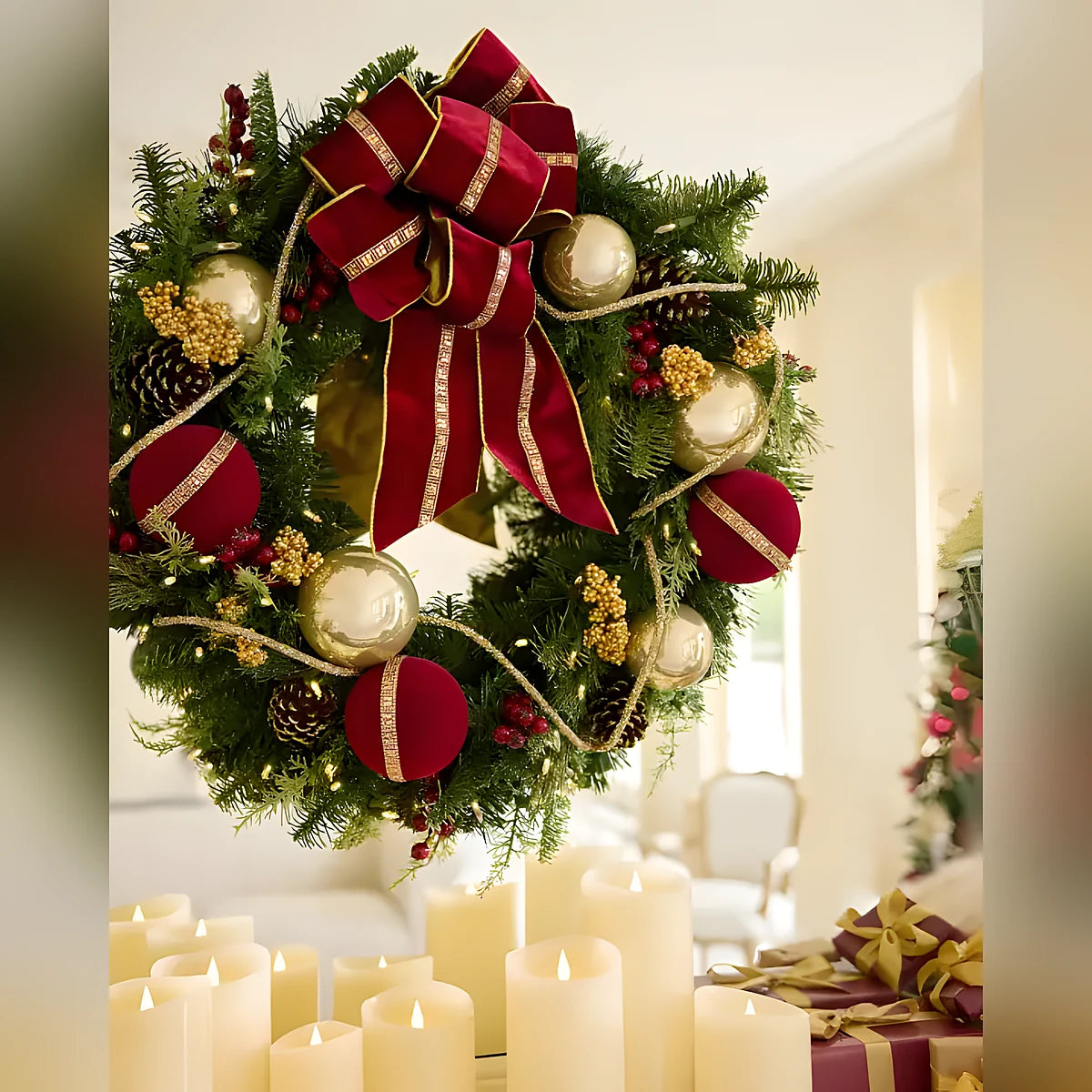 Guirlanda de Natal 90 cm com LED, Laço Vermelho, Bolas Douradas e Frutas Vermelhas