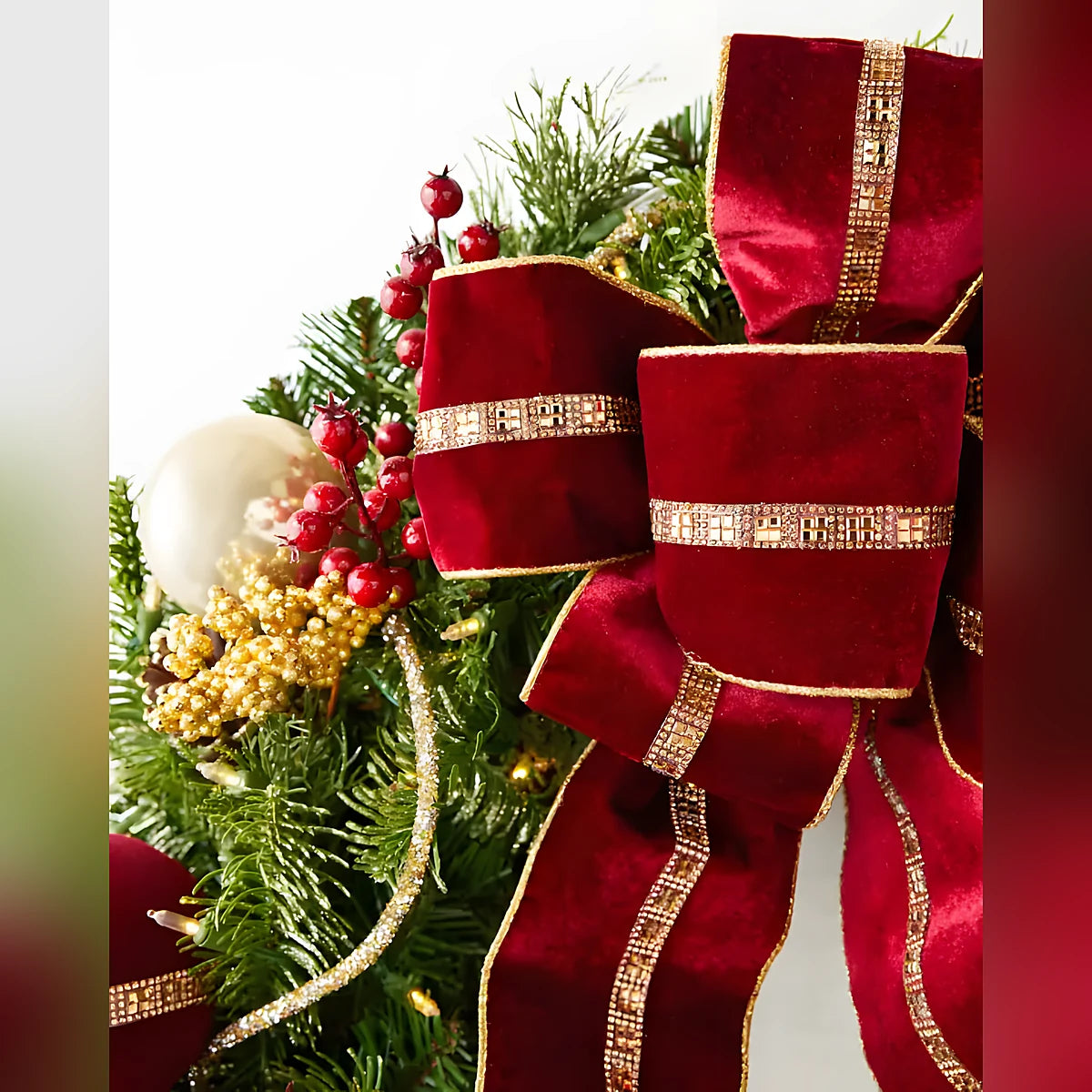 Guirlanda de Natal 90 cm com LED, Laço Vermelho, Bolas Douradas e Frutas Vermelhas