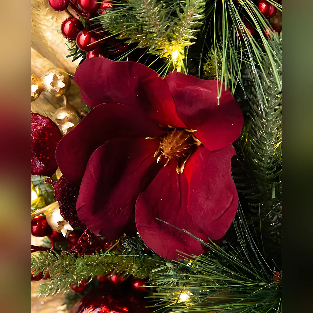 Guirlanda de Natal 90 cm com LED, Magnólias Vermelhas e Folhagens Douradas